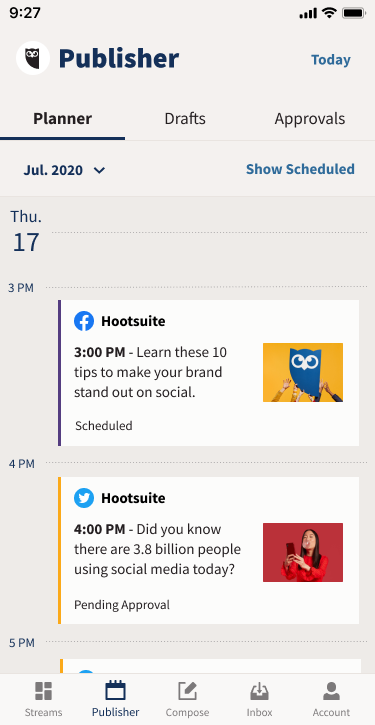 A mobile publishing planner showing scheduled posts and a post marked pending approval, with tabs for planner, drafts, and approvals.